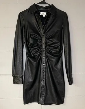 Vintage Havana Black Leather Ruched Shirt Dress Long Sleeve Women’s Size Small thumbnail 3