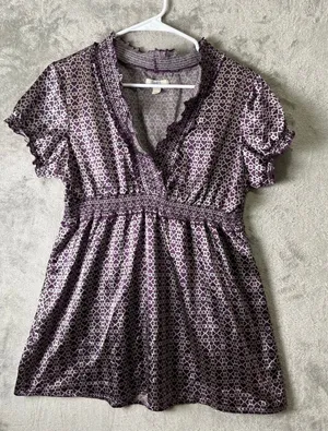 Vintage Y2K Purple Geometric Print Babydoll Top Smocked Waist Ruffle Trim Boho L thumbnail 1