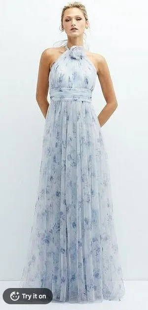 Dessy Collection 3131 Halter Tulle Floral Bridesmaid Maxi Dress Blue 10 NWT thumbnail 1