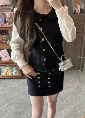 Luxury Navy Blue Gold Buttoned Formal Vintage Tweed Babydoll Slim Blazer Vest thumbnail 7