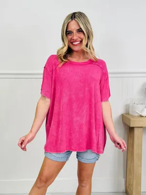 Zenana relaxed fit oversized ribbed short sleeve flowy top size s/m hot pink NIB thumbnail 1