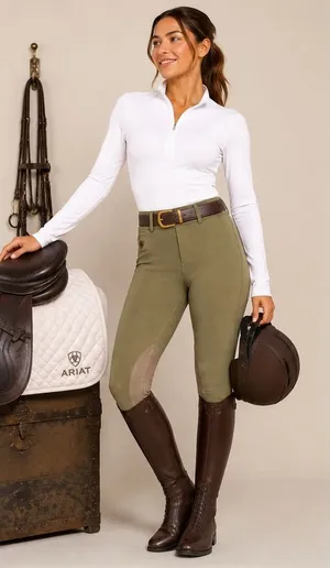 Ariat Sport Equestrian Breeches Olive Green Tan Knee Patch Riding Pants 32R thumbnail 1