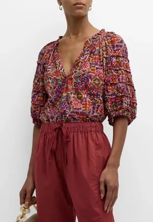 XIRENA Lucia Popover Blouse Womens Small Kaleidoscope‎ Puff Sleeve Boho Cottage thumbnail 1