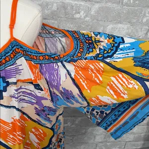 Flying Tomato colorful boho print semi sheer jewel tone cold shoulder top thumbnail 2