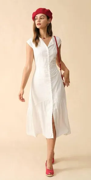 Rihoas Solid White Color Lapel Midi Dress thumbnail 6