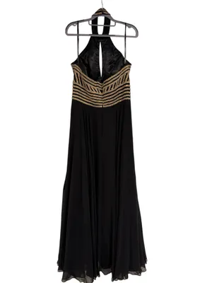 JVN by Jovani Prom Black and Gold Halter Maxi Formal Event Dress Women's US 14 thumbnail 2