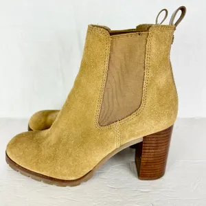Tory Burch Stafford Suede Ankle Boots Size 8 Tan Beige Pull On Wood Block Heel thumbnail 2