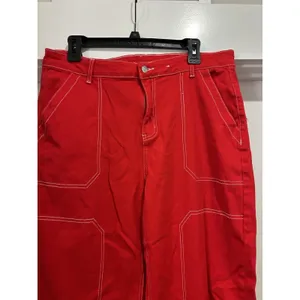 Women Straight Leg Stretch Jeans Size 16 Red Denim Mid Rise Game Day USA Preppy thumbnail 2