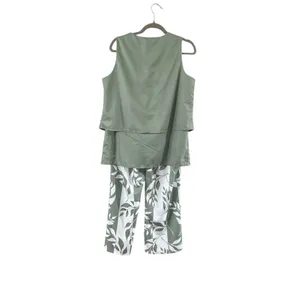 Women's Unbranded Green & White Leaf Print Wide Leg Pants Set, Size L thumbnail 3
