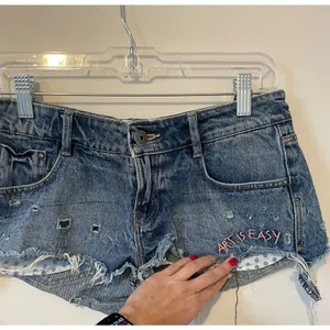 Zara Art is Easy Cut Off Distressed Denim Shorts Blue Pink Size 4 thumbnail 4