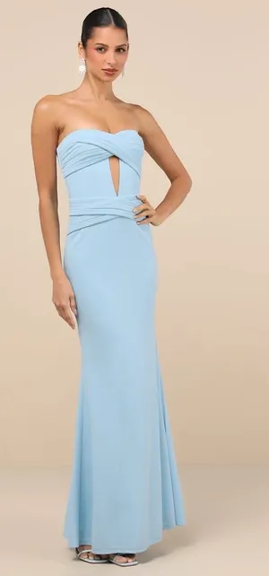 NWT Lulus Elegant Finesse Light Blue Pleated Cutout Maxi Dress Bridesmaid Size S thumbnail 1