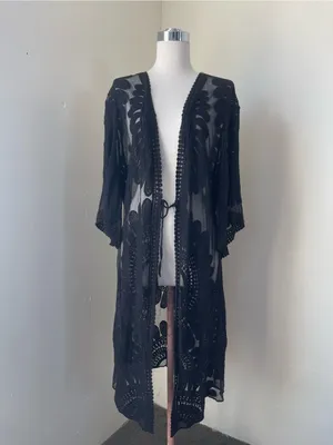 Black Sheer Embroidered Swim Coverup Kimono thumbnail 2