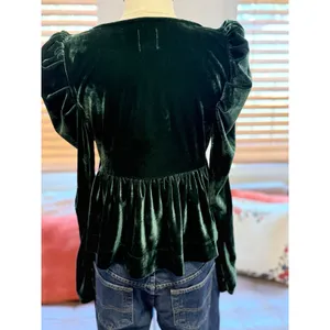 Maeve Anthropologie Green Velvet Puff Sleeve Tie Front Peplum Top Small thumbnail 3