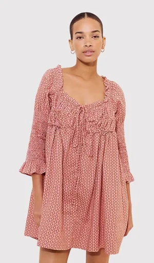 Free People Mini Dress Red Star Dip Smocked Allover Print Loose A Line Large thumbnail 1