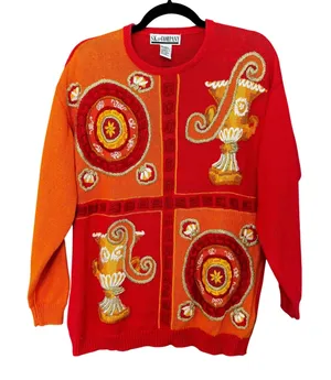 Vintage Grecian Embroidered‎ Sweater M Eccentric Artsy Geometric Maximalist 90s thumbnail 1
