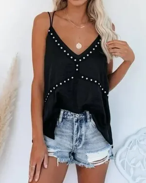 VICI | Medium | Black Satin Groupie Studded Embellished Strappy Tank Camisole thumbnail 1