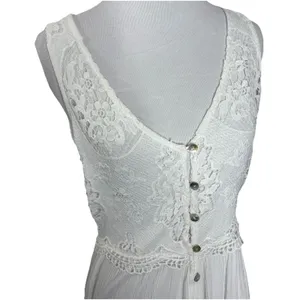 Forever 21 White Lace Sheer V Neck Dress Slit At Bottom Button Front Maxi Size M thumbnail 2