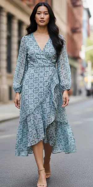Lovestitch Rio Blue Patterned Maxi Wrap Dress Size L EUC Boho Chiffon thumbnail 1