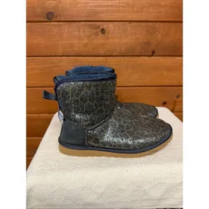 UGG Mini Bailey Bow Glitter/Sparkle boots leopard print blue/gold Sz 6 thumbnail 2