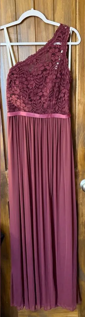 One-Shoulder Burgundy Lace & Chiffon Evening Gown thumbnail 1