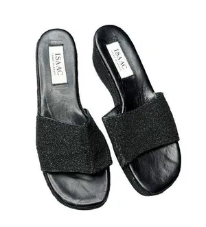 Isaac Isaac Mizrahi Black Platform Wedge Sandals Sparkle Italian Leather Sz 10B thumbnail 1