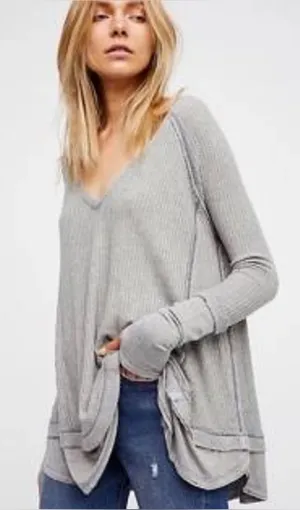 Free People We The Free Grey Thermal Long Sleeve Waffle Knit Oversized Top thumbnail 1