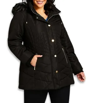 Avenue Puffer Jacket Quilted Design Faux Fur Trim Hooded Solid Black W 14/16 NWT thumbnail 1