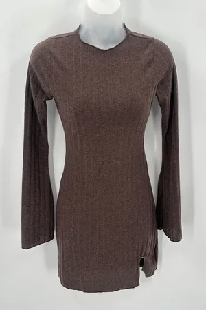 Windsor Dress Juniors XS Brown Rib Knit Casual Chills Long Bell Sleeve Mini Slit thumbnail 1
