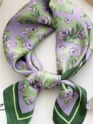 Floral satin like Scarf in Green & Lavender thumbnail 1
