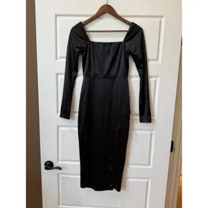 Lulus‎ Fabulous Encounters Black Satin Long Sleeve Midi Dress XS Party Cocktail thumbnail 2