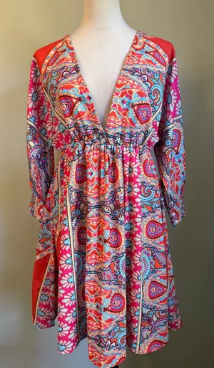 Boho Paisley V-Neck Open Back Mini Dress Red Pink Blue Long Sleeve L colorful y2 thumbnail 1
