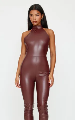 Faux Leather Halterneck Back Tie Straight Leg Jumpsuit…Sz: US 8…Color: Chocolate thumbnail 2