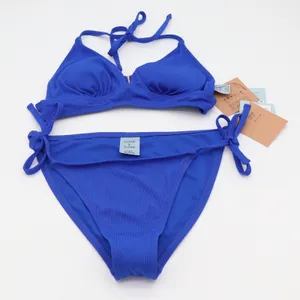 Shade & Shore Bikini Set Womens S Ribbed High Leg Cheeky Blue Side Tie NEW thumbnail 1