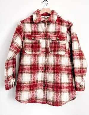 BB Dakota Steve Madden Red Cream Plaid Sherpa Shirt Jacket S thumbnail 1