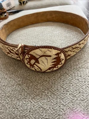 Handmade Embroidered Horse Leather Brown & Cream Western Belt Rare thumbnail 4