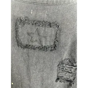 POL Washed Black‎ Distressed Denim Shacket Star Patch Frayed Hem SMT1165D Size M thumbnail 7