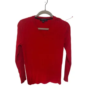 Tommy Hilfiger Red Cable Knit V-Neck Sweater Women’s Medium Classic Cotton thumbnail 2