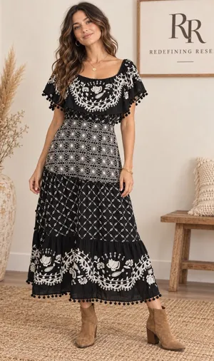 Anthropologie Black Embroidered Cotton Midi Dress Smocked Waist Pom Pom Trim 12 thumbnail 1