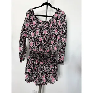 LoveShackFancy Mini Dress Pink Black Floral Smocked Ruffle Cotton thumbnail 4