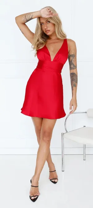 Hello Molly Silky Moment Mini Dress Red Satin V Neck Cocktail Womens Size XS thumbnail 1