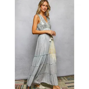 POL Deep V Sleeveless Cotton Bohemian Tiered Maxi Dress -‎ Light Grey - Medium thumbnail 4