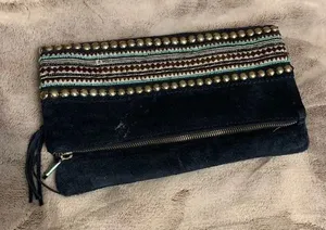 Sondra Roberts Navy Suede Clutch Boho Studded Turquoise Tribal Pattern Zip‎ Bag thumbnail 1