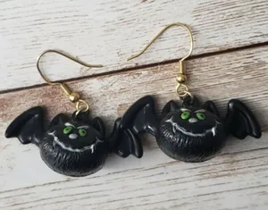 Large Round Halloween Bat Dangle Earrings - Cartoon Bat Earrings thumbnail 1