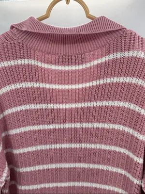 Merokeety Striped Pink sweater Maxi Dress v-neck Collared L side slits casual thumbnail 3