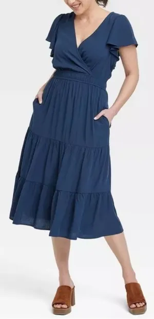 Knox Rose Navy Blue Flutter Short Sleeves Tiered Midi Dress, Size XL thumbnail 1
