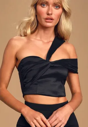 Lulus Black Satin One-Shoulder Asymmetrical Crop Top thumbnail 1