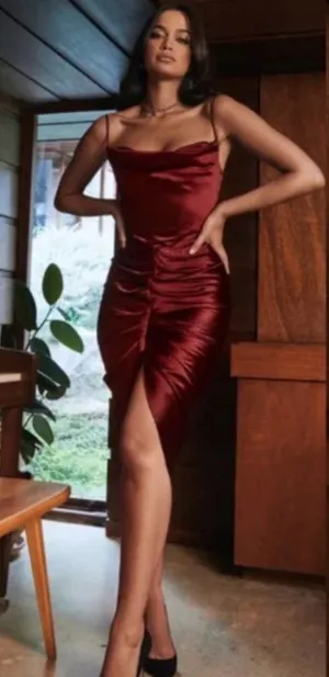 HOUSE OF CB 'Nera' Wine red Satin Draped Corset‎ Dress /Size L NWOT thumbnail 1