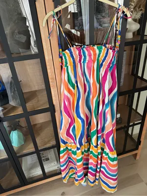 FARM RIO Maxi Dress rainbow colorful Wavy Dancing Stripes Beaded Tassel thumbnail 5