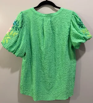 JODIFL Floral Embroidered Puff Sleeve V-Neck Blouse Green Multi thumbnail 2