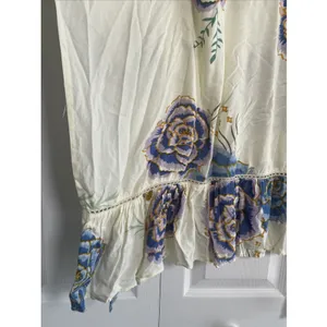 ZL Made With Love Floral Kaftan Top Womens OS Cream Blue Boho Tassel Rayon OS thumbnail 3